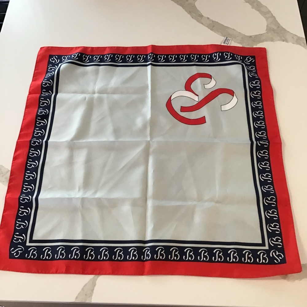 100% Polyester Monogram Scarf Square Red, Navy & Gray Made in Italy “B” 20” EUC